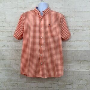 Izod Orange Plaid No Iron Stretch Button Short Sleeve Shirt